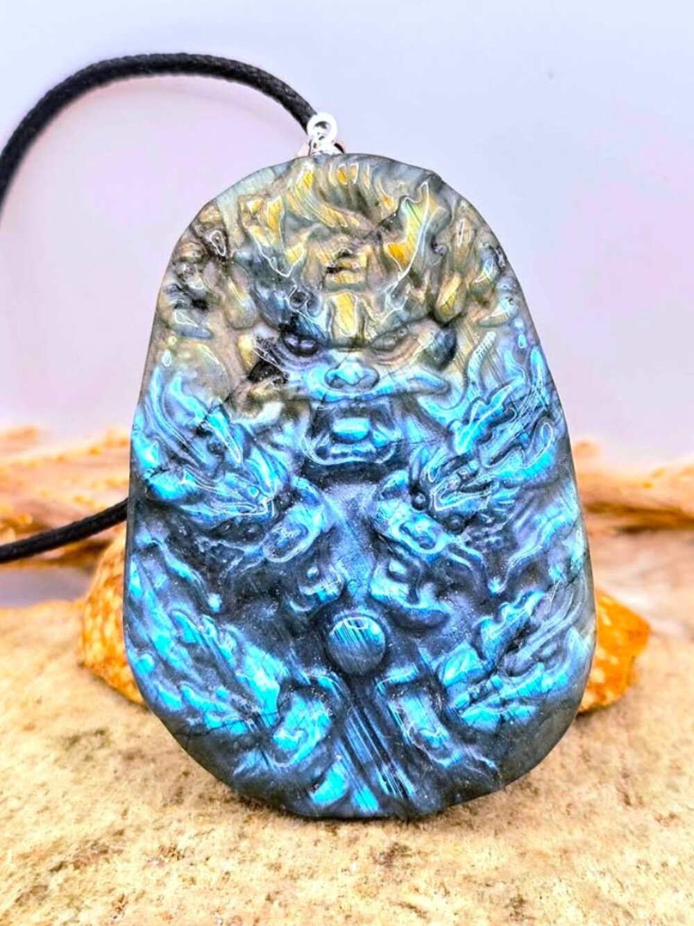 Labradorite Five‑Dragon Carved Pendant • Flashy Crystal Necklace